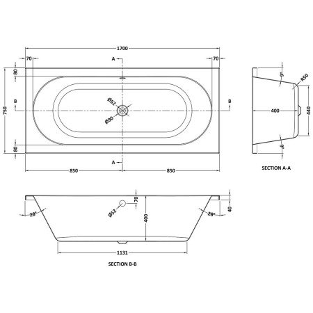 NBA510 Nuie Otley Double Ended 1700 x 750mm Rounded Bath Line Drawing