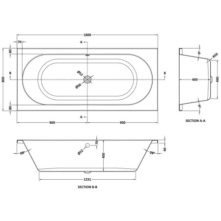 NBA514 Nuie Otley Double Ended 1800 x 800mm Rounded Bath Line Drawing