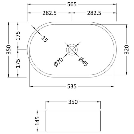NBV169 Nuie Oval 565mm Countertop Basin Line Drawing