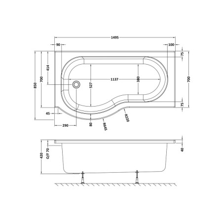 WBP1585L Nuie P Shaped Left Hand 1500 x 850mm Shower Bath Lifestyle Line Drawing