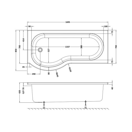 WBP1785L Nuie P Shaped Left Hand 1700 x 850mm Shower Bath Line Drawing