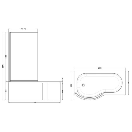 SBATH24 Nuie P Shaped Left Handed 1500 x 850mm Shower Bath Set Line Drawing