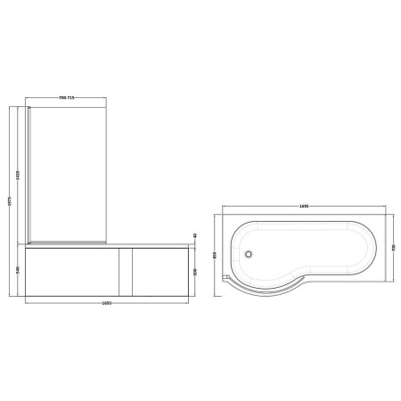 SBATH22 Nuie P Shaped Left Handed 1700 x 850mm Shower Bath Set Line Drawing