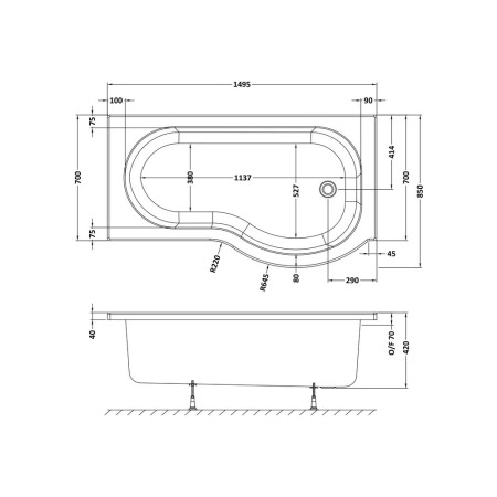 WBP1585R Nuie P Shaped Right Hand 1500 x 850mm Shower Bath Line Drawing