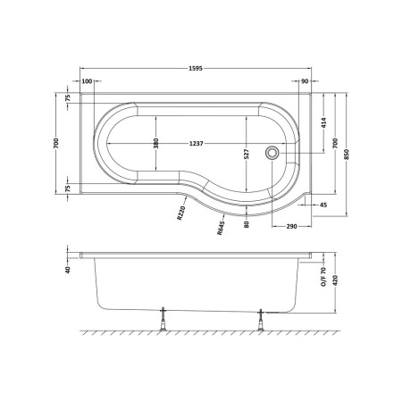 WBP1685R Nuie P Shaped Right Hand 1600 x 850mm Shower Bath Line Drawing