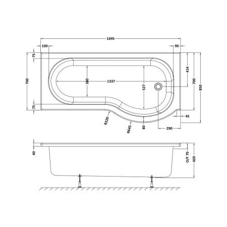 WBP1785R Nuie P Shaped Right Hand 1700 x 850mm Shower Bath Line Drawing