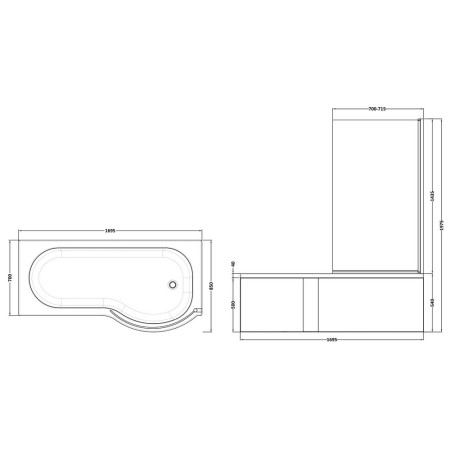 SBATH23 Nuie P Shaped Right Handed 1700 x 850mm Shower Bath Set Line Drawing