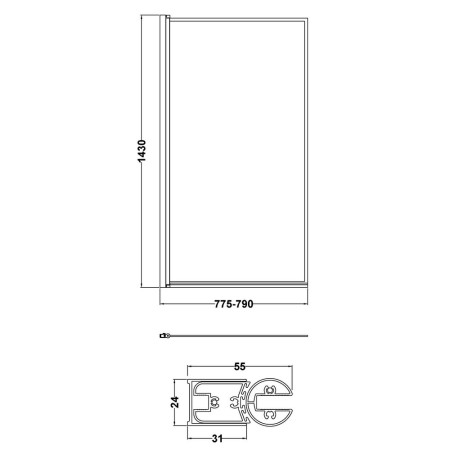 NSSQBFC Nuie Pacific Black Square Hinged Framed Bath Screen Line Drawing
