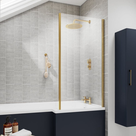 NSBS28 Nuie Pacific Brushed Brass L Shape Fixed Bath Screen with Fixed Return Lifestyle