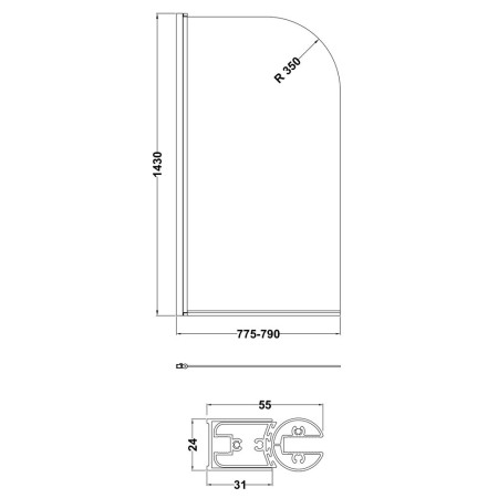NSS18 Nuie Pacific Brushed Brass Round Hinged Bath Screen Line Drawing
