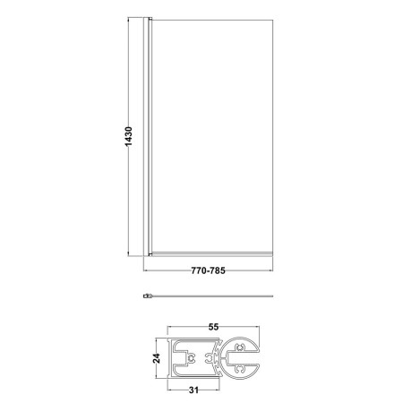 NSSQ Nuie Pacific Polished Chrome 6mm Square Hinged Bath Screen Dimensions
