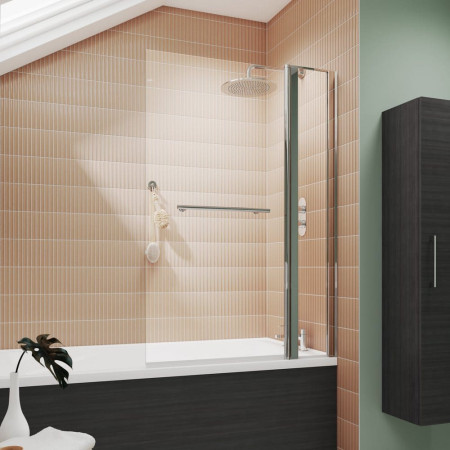 NSSQR2 Nuie Pacific Polished Chrome 6mm Square Hinged Bath Screen with Fixed Panel and Towel Rail (2)
