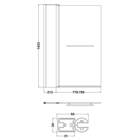 NSSQR2 Nuie Pacific Polished Chrome 6mm Square Hinged Bath Screen with Fixed Panel and Towel Rail (3)