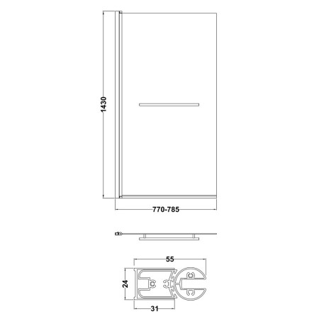 NSSQR Nuie Pacific Polished Chrome 6mm Square Hinged Bath Screen with Rail Line Drawing
