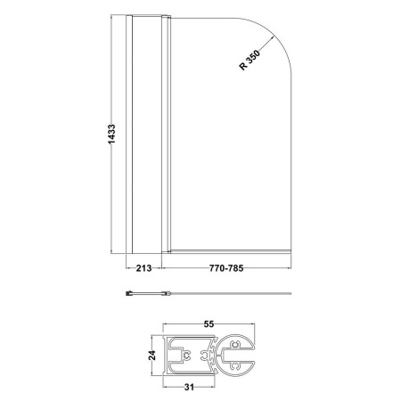 NSS2 Nuie Pacific Polished Chrome 790mm Round Hinged Bath Screen with Fixed Panel (3)
