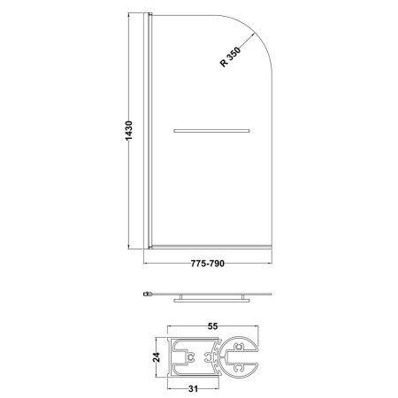 NSSR1 Nuie Pacific Polished Chrome 790mm Round Hinged Bath Screen with Towel Rail Line Drawing