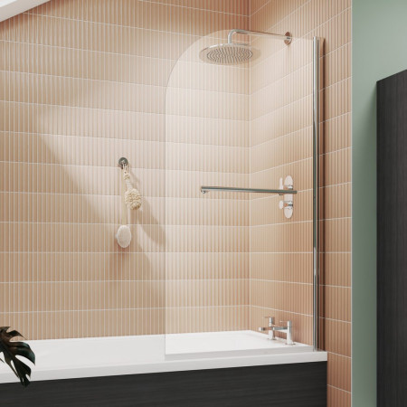 NSSR1 Nuie Pacific Polished Chrome 790mm Round Hinged Bath Screen with Towel Rail Lifestyle