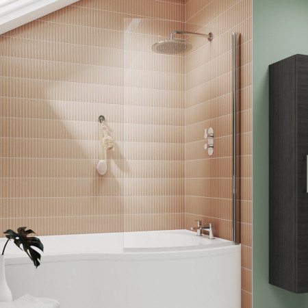 NBBS1 Nuie Pacific Polished Chrome Curved Hinged B Bath Screen Lifestyle