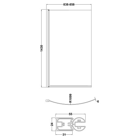 NBBS1 Nuie Pacific Polished Chrome Curved Hinged B Bath Screen Line Drawing