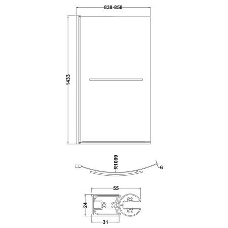 NBBSR1 Nuie Pacific Polished Chrome Curved Hinged B Bath Screen with Rail Dimensions