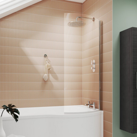 NCS0 Nuie Pacific Polished Chrome Curved Hinged P Bath Screen Lifestyle
