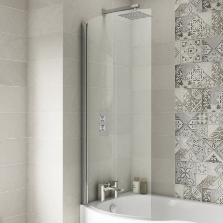 NCS0 Nuie Pacific Polished Chrome Curved Hinged P Bath Screen with Concealed Shower