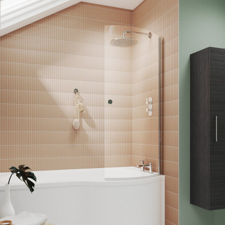 NCS1 Nuie Pacific Polished Chrome Curved Hinged P-Bath Screen with Handle Lifestyle