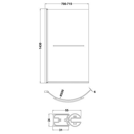 NCSR1 Nuie Pacific Polished Chrome Curved Hinged P Bath Screen with Rail Dimensions