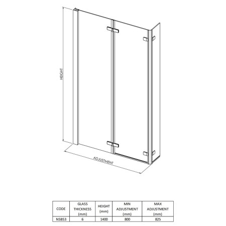 NSBS3 Nuie Pacific Polished Chrome L Shape Double Hinged Bath Screen Line Drawing