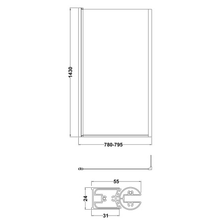 NSBS7 Nuie Pacific Polished Chrome L-Shape Hinged Fixed Return Bath Screen (3)