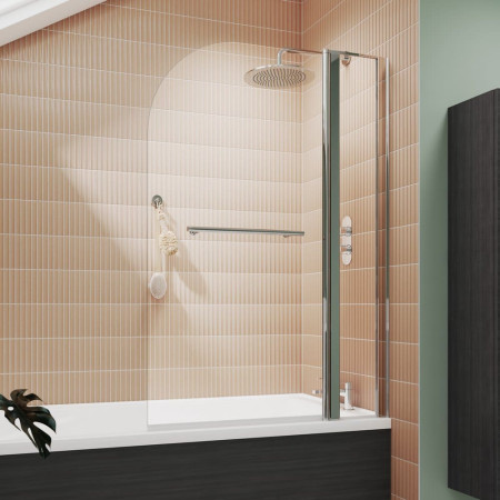 NSSR2 Nuie Pacific Polished Chrome Round Hinged Bath Screen with Fixed Panel and Towel Rail (2)