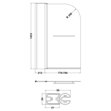 NSSR2 Nuie Pacific Polished Chrome Round Hinged Bath Screen with Fixed Panel and Towel Rail (3)