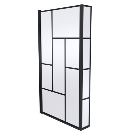 Nuie Pacific Satin Black Abstract L Shaped Hinged Bath Screen with Fixed Return