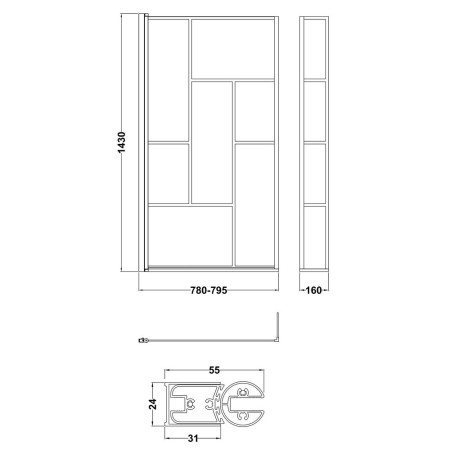 NSBS7BB Nuie Pacific Satin Black Abstract L-Shaped Hinged Bath Screen with Fixed Return (3)