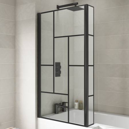 NSBS7BB Nuie Pacific Satin Black Abstract L-Shaped Hinged Bath Screen with Fixed Return (2)