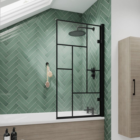NSSQ7BB Nuie Pacific Satin Black Abstract Square Hinged Bath Screen Lifestyle
