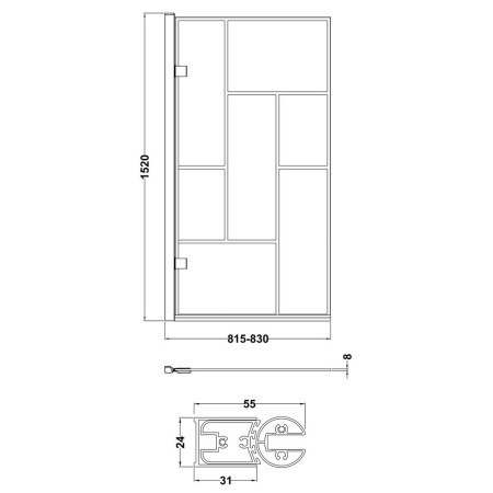 NSSQ7BB Nuie Pacific Satin Black Abstract Square Hinged Bath Screen Line Drawing