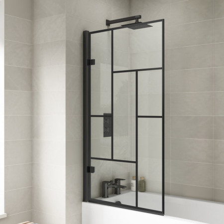 NSSQ7BB Nuie Pacific Satin Black Abstract Square Hinged Bath Screen Bathroom Setting