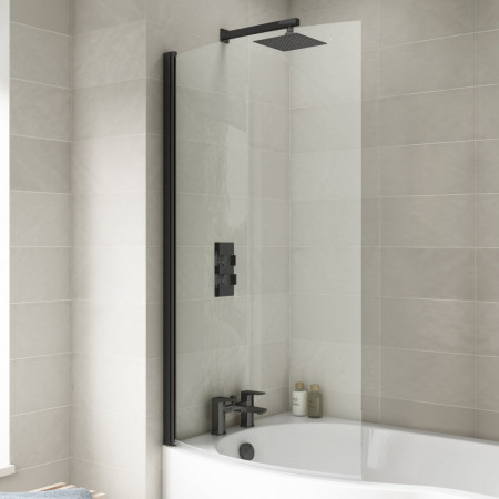 NCS0BP Nuie Pacific Satin Black Curved Hinged P Bath Screen Bathroom Setting