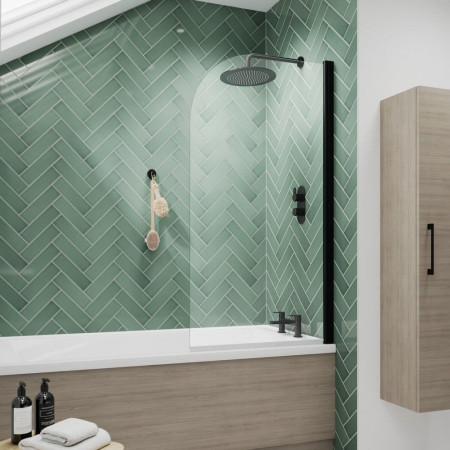 NSS7BP Nuie Pacific Satin Black Round Hinged Bath Screen Bathroom Setting