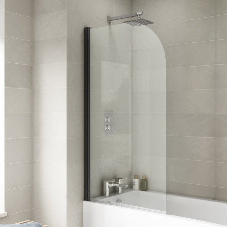 NSS7BP Nuie Pacific Satin Black Round Hinged Bath Screen Lifestyle