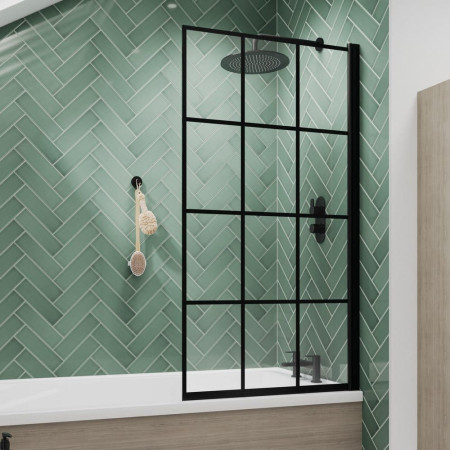 NSSQBF Nuie Pacific Satin Black Square Framed Hinged Bath Screen Lifestyle Bathroom Setting
