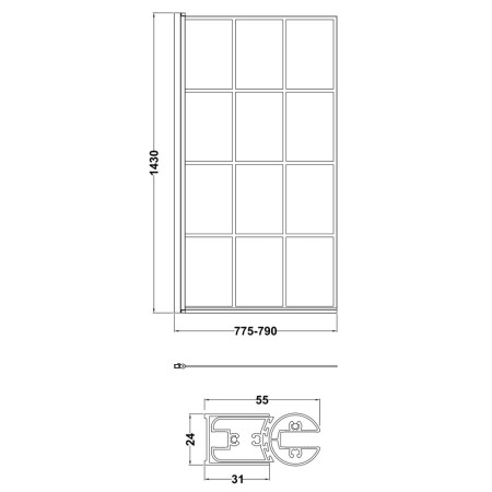NSSQBF Nuie Pacific Satin Black Square Framed Hinged Bath Screen Line Drawing