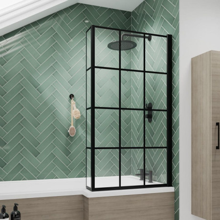 NSBS7BF Nuie Pacific Satin Black Square Framed L-Shape Hinged Bath Screen (3)