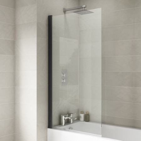 NSS6BP Nuie Pacific Satin Black Square Hinged Bath Screen Lifestyle