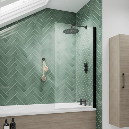 NSS6BP Nuie Pacific Satin Black Square Hinged Bath Screen Bathroom Setting