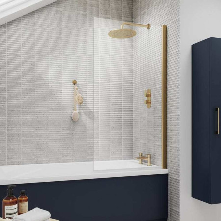 NSSQ8 Nuie Pacific Square 6mm Frameless Brushed Brass Bath Screen Lifestyle