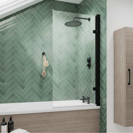 NSSQ7BP Nuie Pacific Square Hinged 8mm Frameless Matt Black Bath Screen Lifestyle