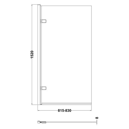 NSSQ7BP Nuie Pacific Square Hinged 8mm Frameless Matt Black Bath Screen Line Drawing