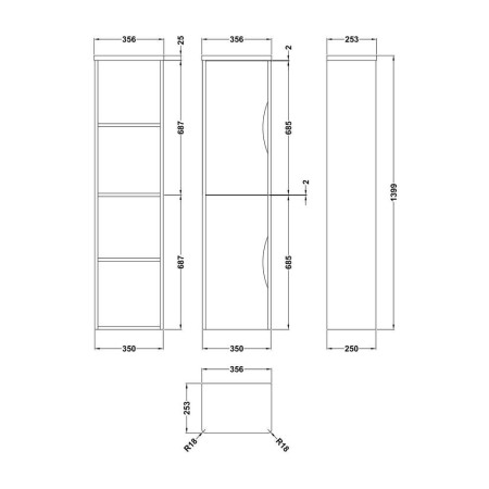 PMP163 Nuie Parade 350mm Gloss White Wall Hung Tall Unit Line Drawing